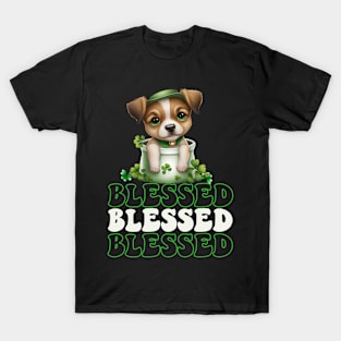 St. Patricks Day Decor Blessed By Sapphire Star St. Patrick's Christian Blessed Puppy with Hat & Bowtie T-Shirt